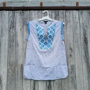 J.crew Stripe Embroidered Suburst Popover Sleeveless Blouse Top Womens Sz 4